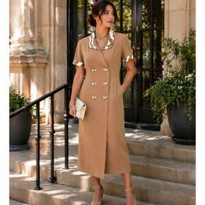 Taupe Midi Dress Size 14 Zebra Collar Double Breasted Button Front Career Dress